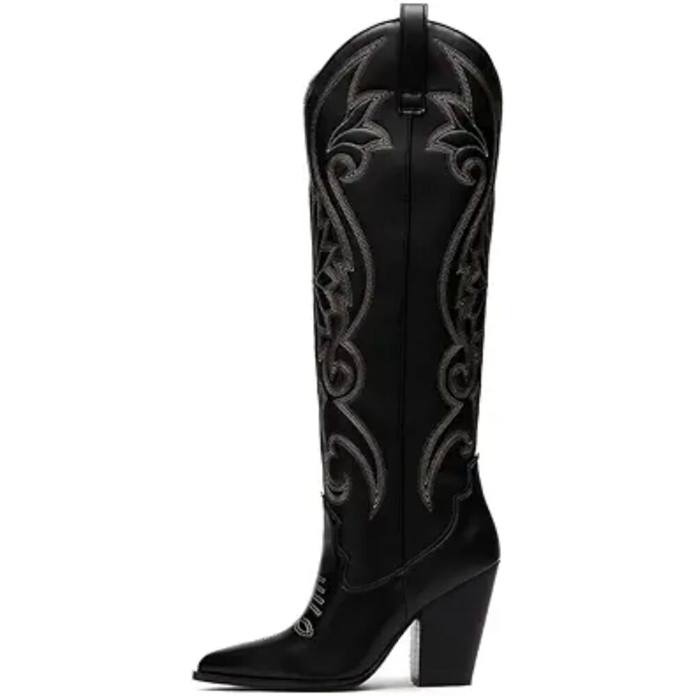 Women's Black Rubber Pointed Toe Pull-on Knee High Embroidered Cowgirl Boots